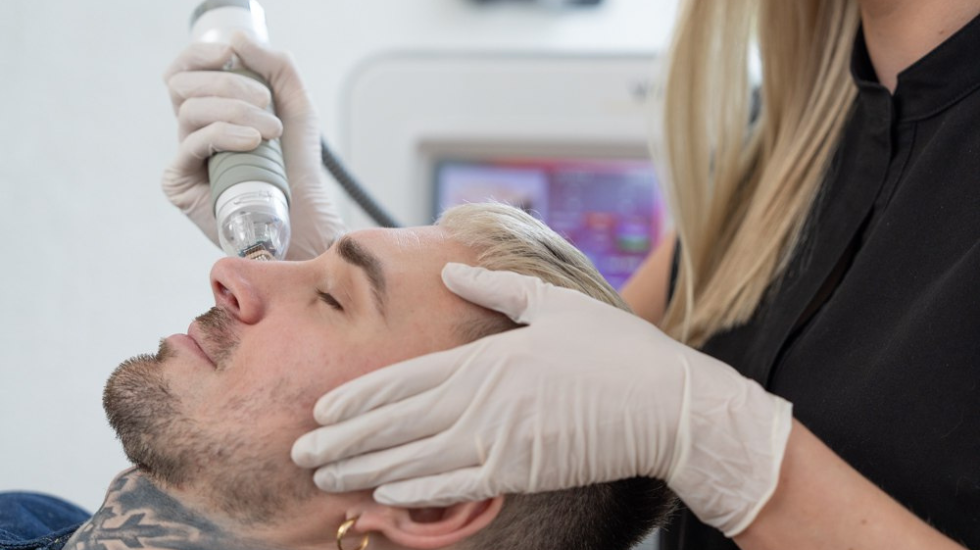 A skin expert holds and supports the client’s face while delivering a microneedling treatment.