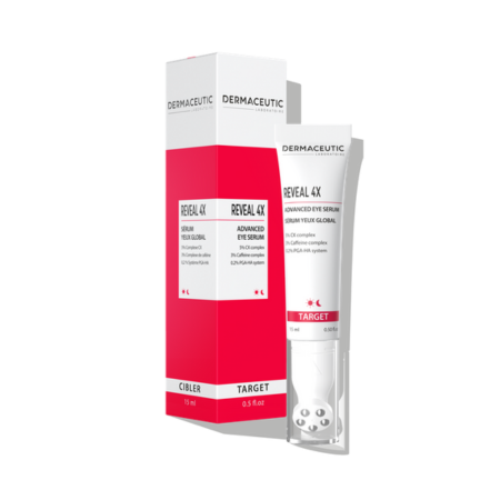 Dermaceutic Reveal 4X Advanced Eye Serum is shown with its sleek packaging, targeting dark circles, under-eye bags, and fine lines.