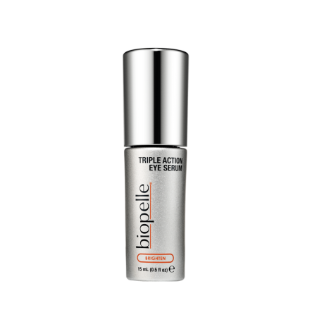 Biopelle Triple Action Eye Serum is showcased in a sleek silver bottle, formulated to brighten and target pigmentation.