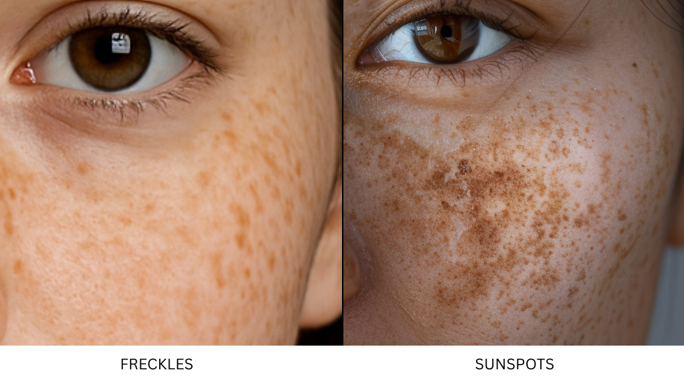 A close-up image highlights the difference between freckles and sunspots.