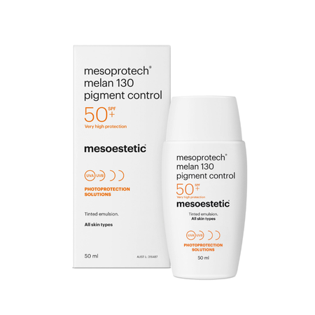 Mesoestetic Mesoprotech Melan 130 Pigment Control is a high-protection SPF 50+ sunscreen designed for pigmentation-prone skin.