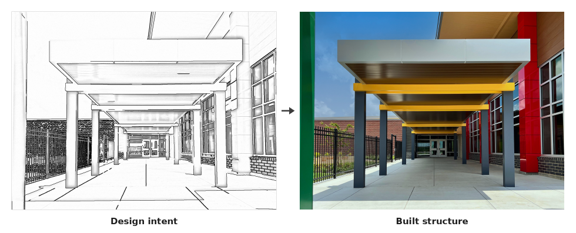 Side-by-side comparison: a black-and-white sketch of an aluminum walkway canopy next to a photo of the finished canopy with gray columns, yellow beams, and a silver fascia at a building entrance.