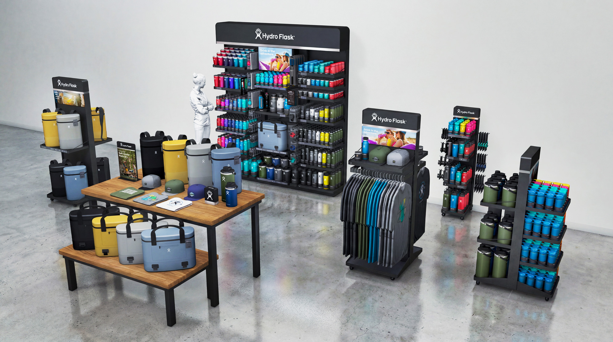 An array of digital product renders of bottles, hats, shirts and other merchandise for hydro flask