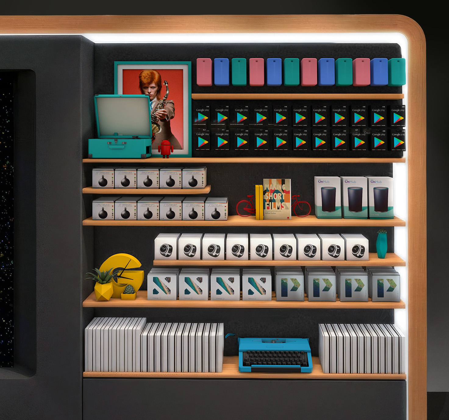 Digital render of google store retail space with various products placed on wall 