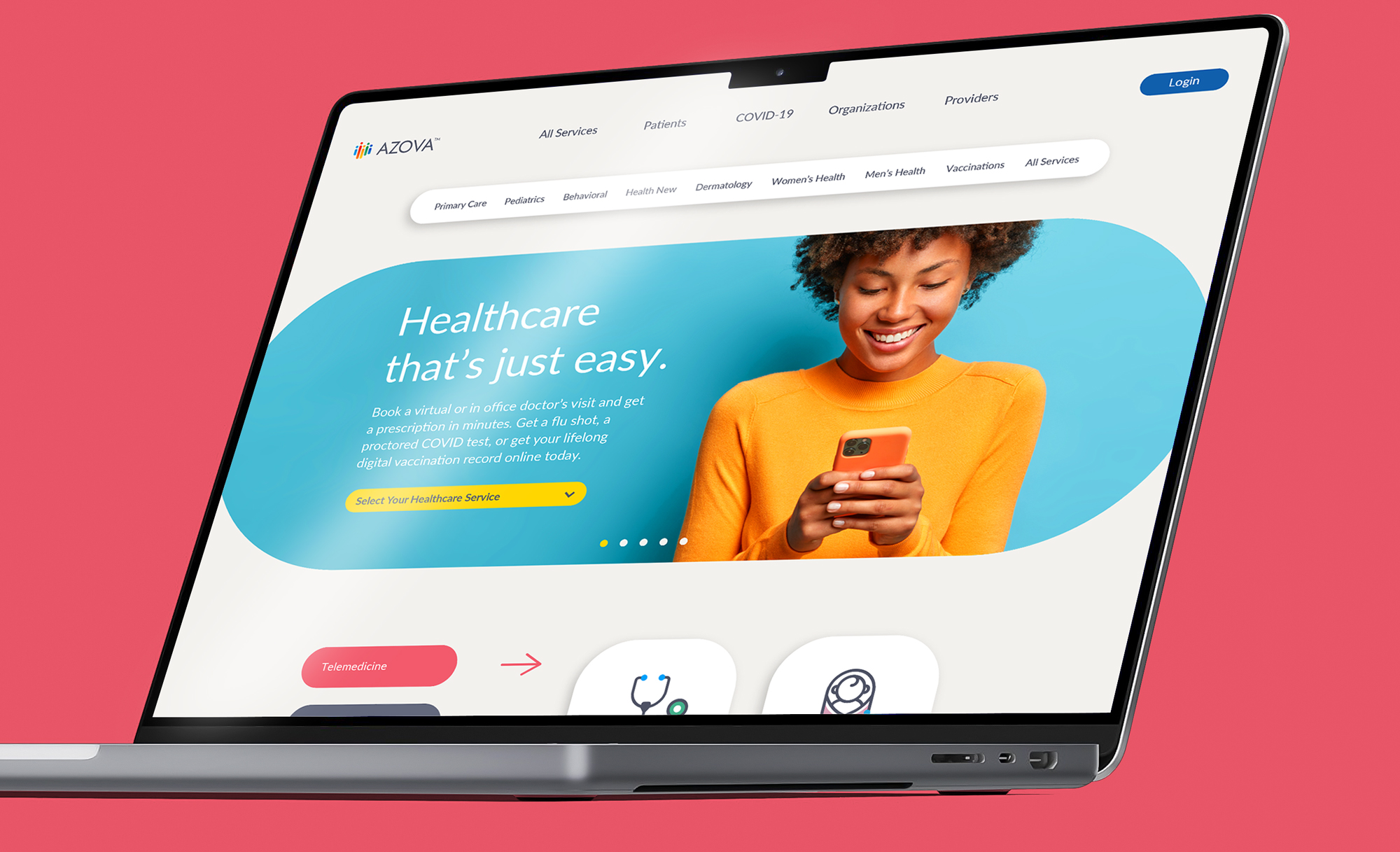 AZOVA's updated website home page design.