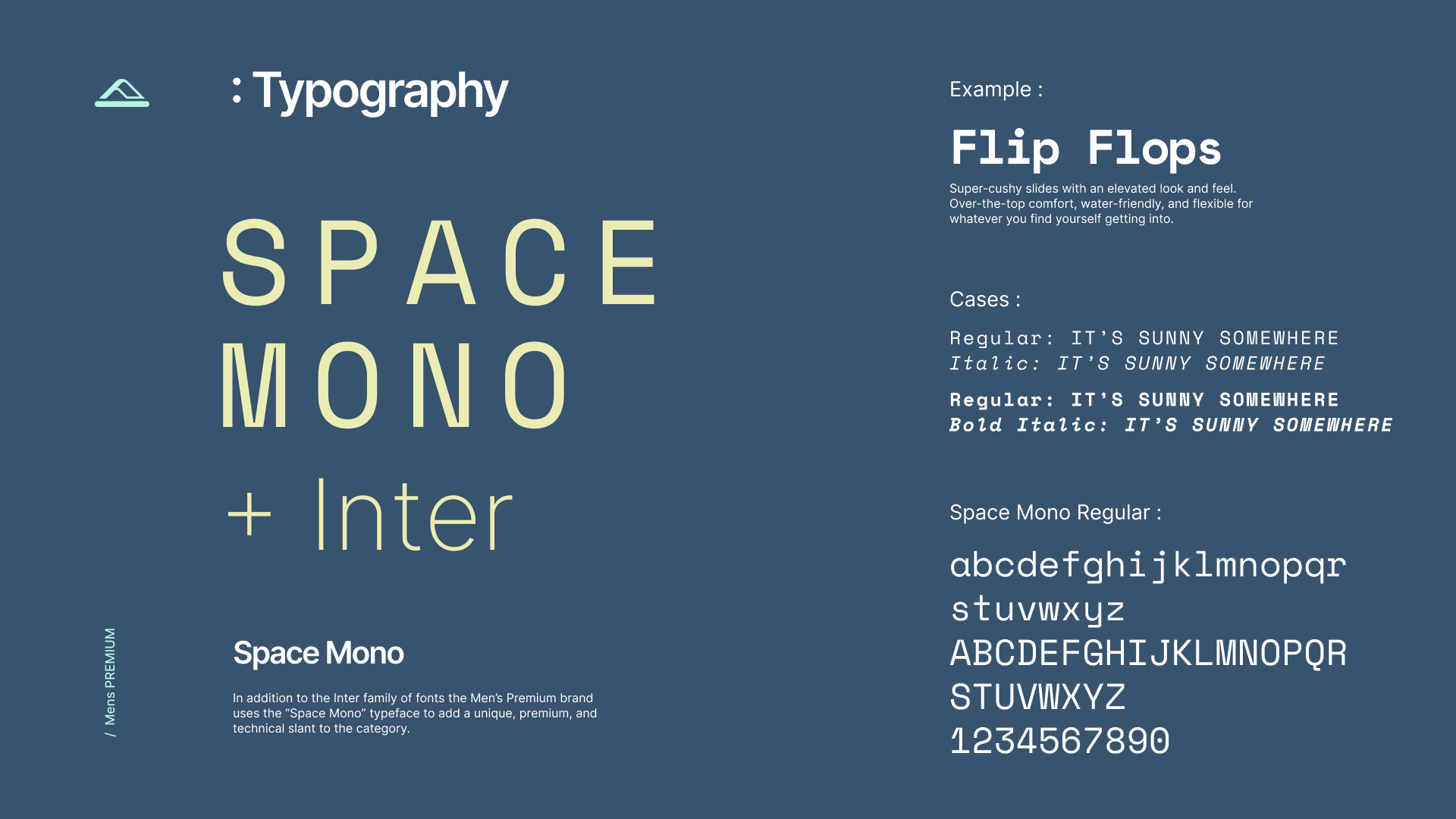 A Reef Surf brand guideline spread showing the Reef men's typography choice, Space Mono.