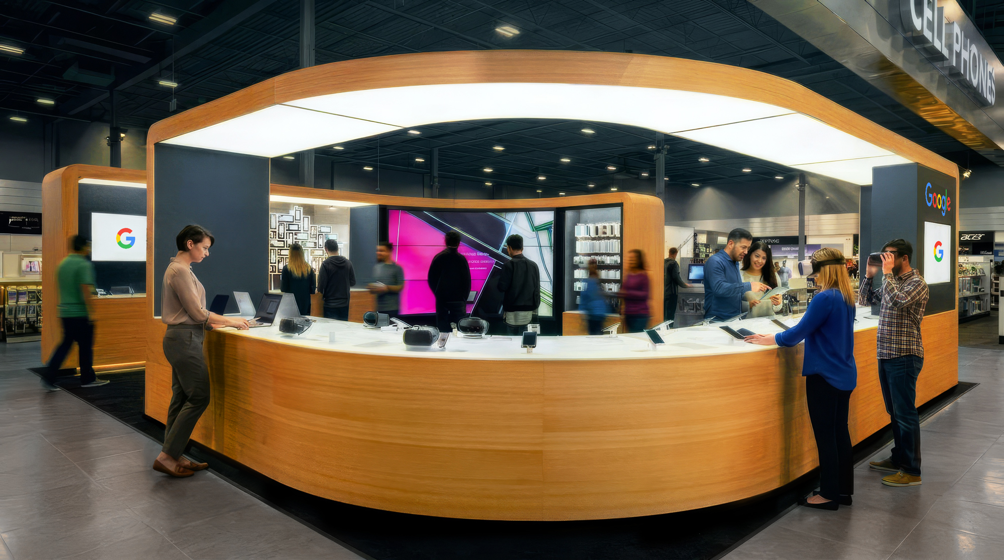 Google Shop counter with a display of many different technology products.