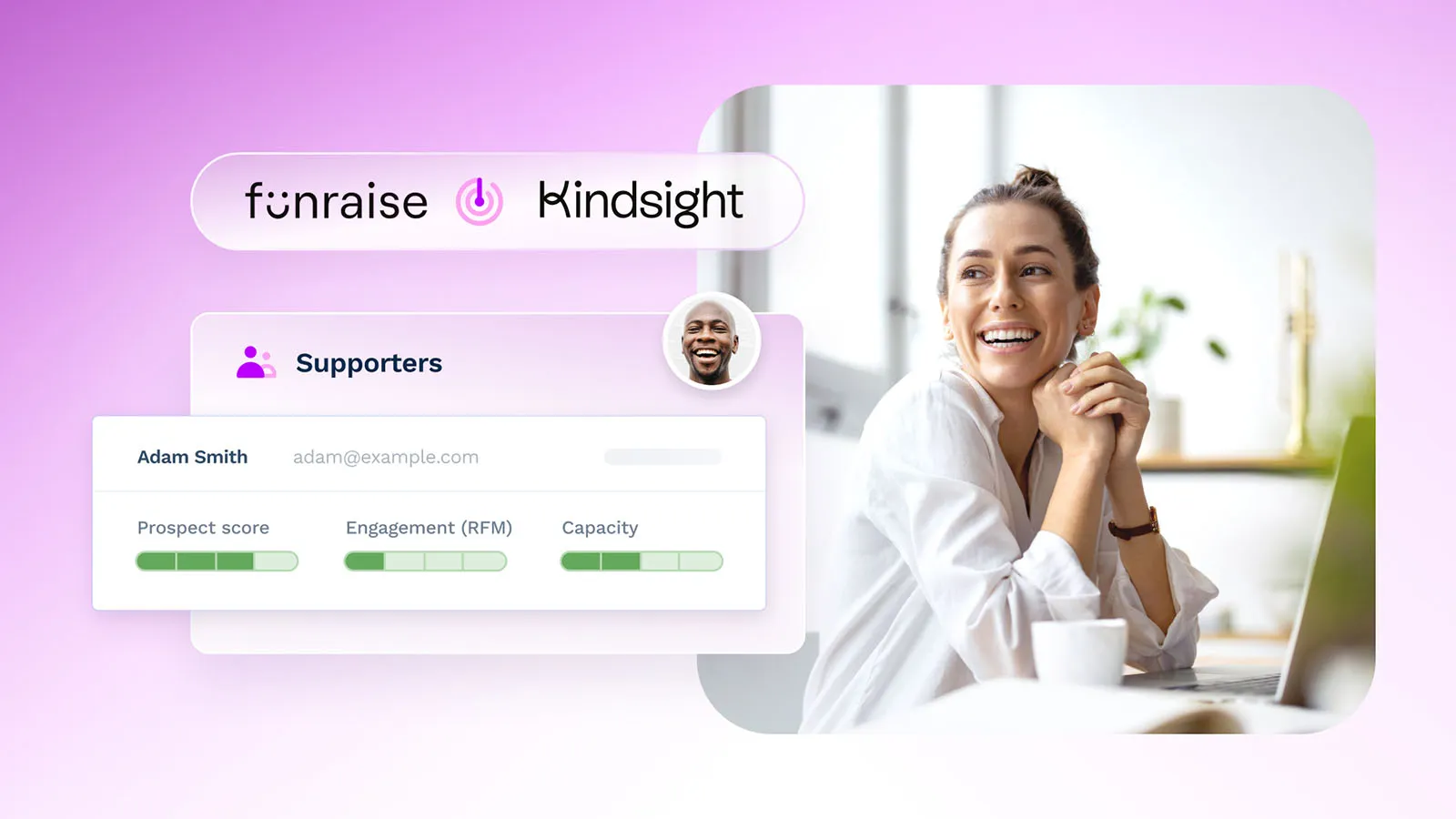 A smiling person sits on the right side with the Funraise and Kindsight logos on the left.