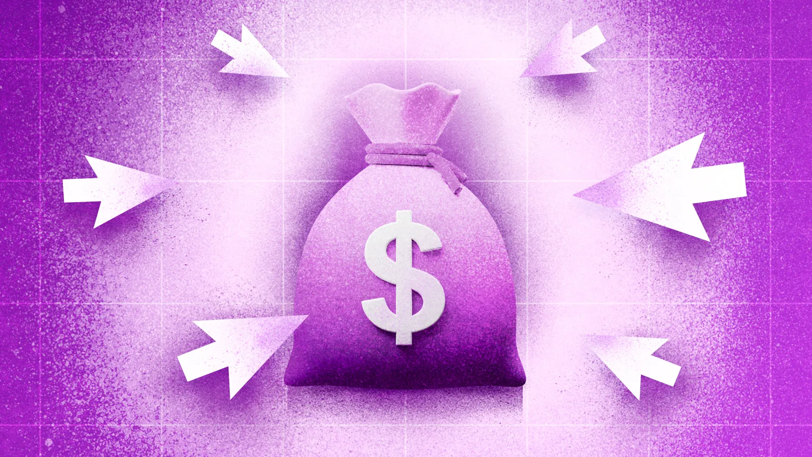 A purple bag of money with white arrows pointing to it, all on a purple background