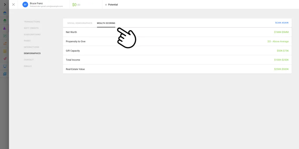 A screenshot showing Funraise Wealth Scoring in use.
