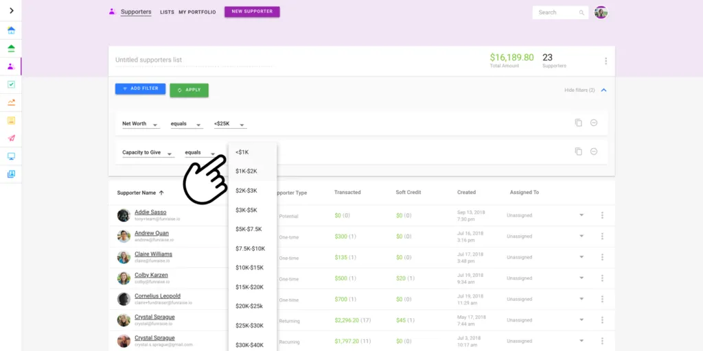 A screenshot of Funraise in platform showing how to filter Supporter lists.