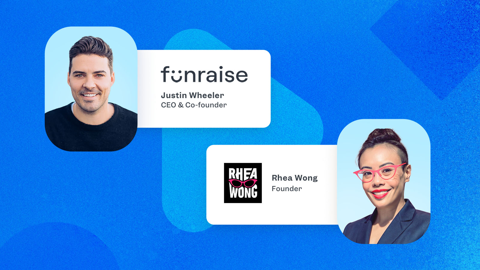 Justin Wheeler and Rhea Wong headshots on a blue background