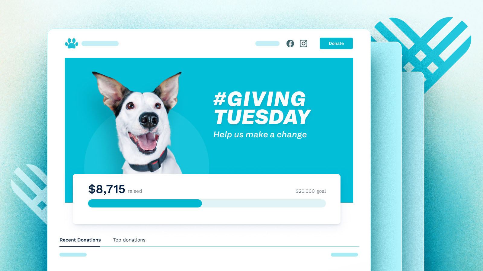 A donation page with a dog header image. The dog is so cute!