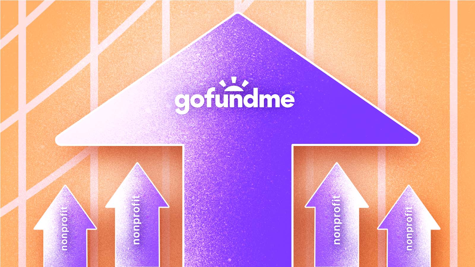 A large purple arrow with the words GoFundMe rises above and blocks other arrows representing nonprofits