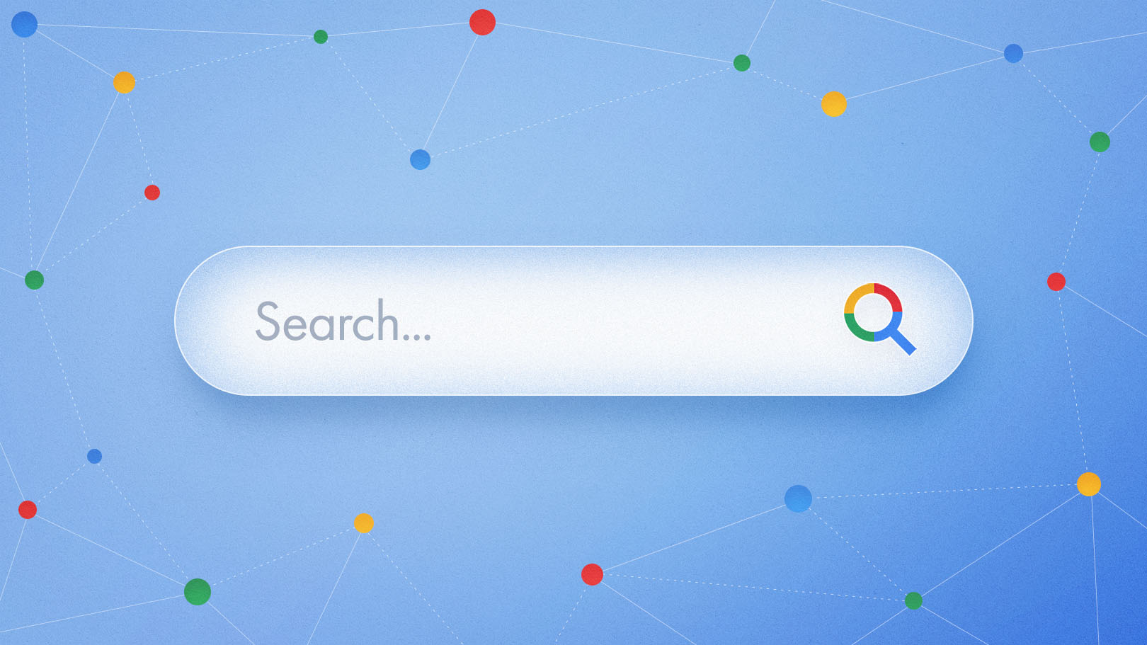 A search bar sits on a blue background with primary-colored confetti.