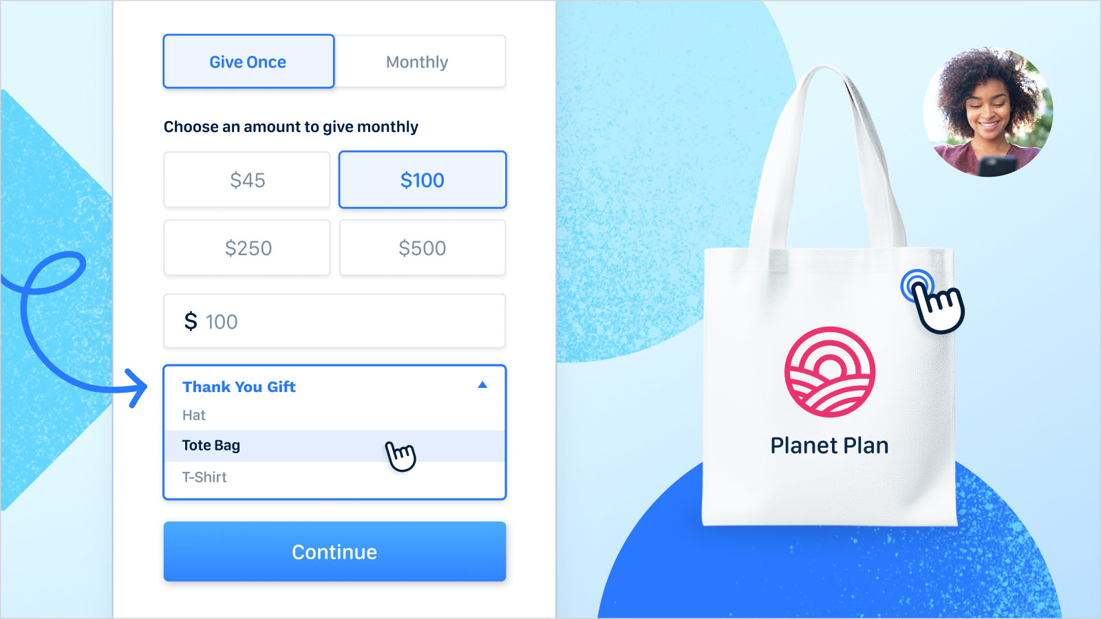 An image of a donation form with an arrow pointing at a free gift with donation, while on the other side of the image is a branded tote bag from a non-profit.