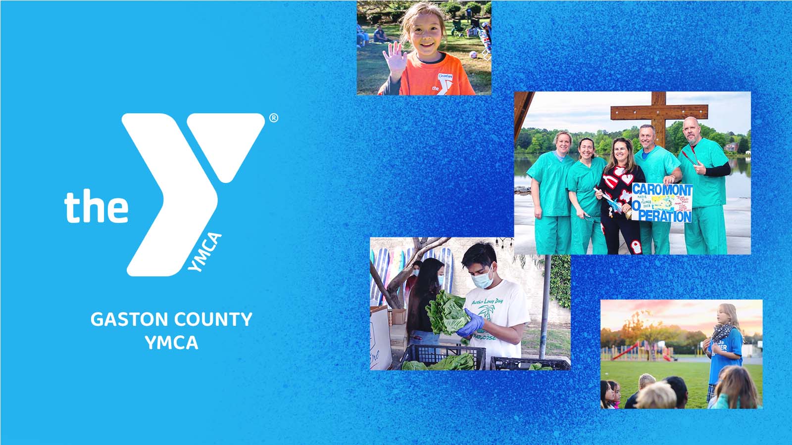 The Gaston County YMCA logo sits on a blue background with images of YMCA members having fun and fundraising on the right.