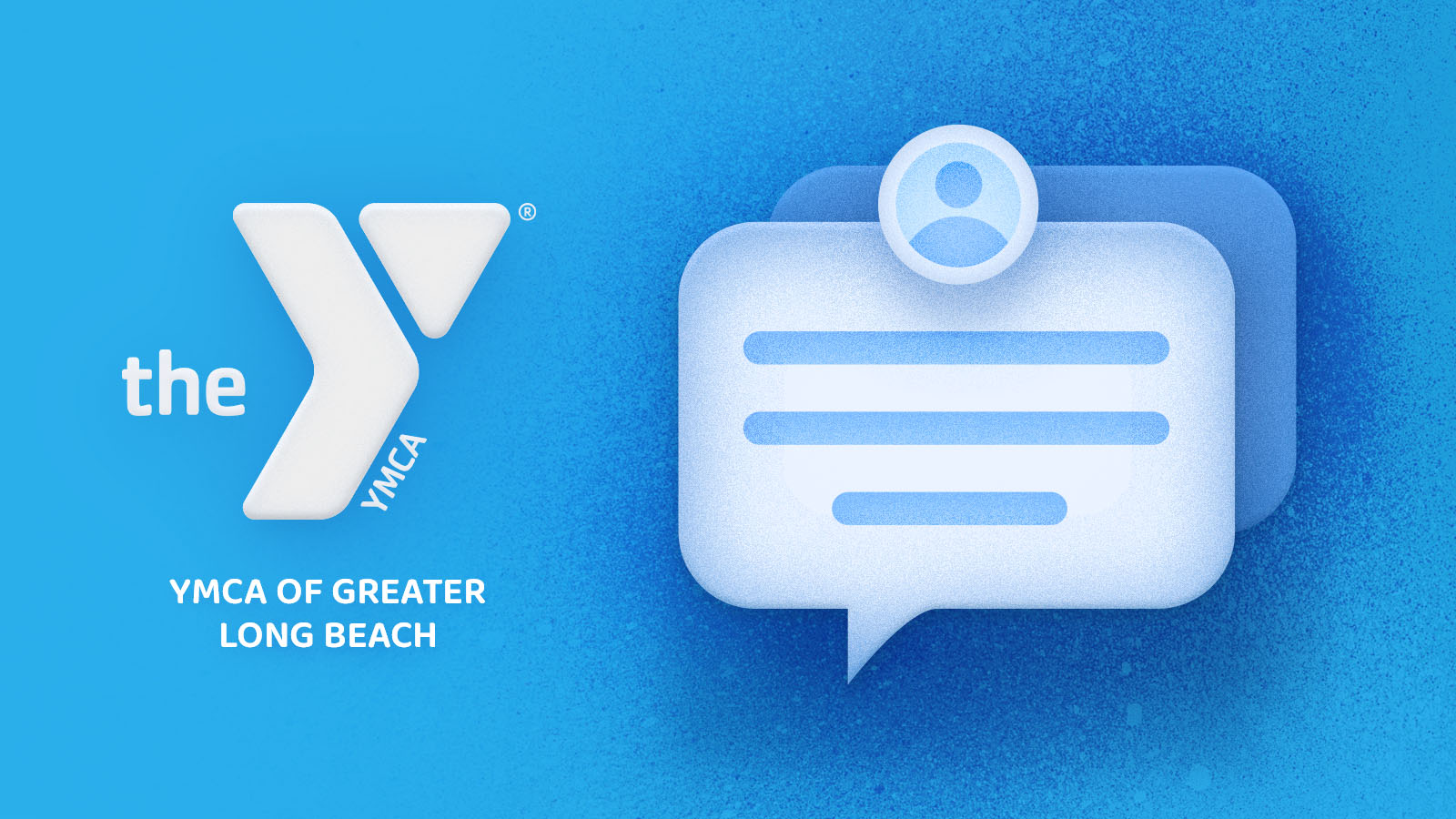 A YMCA of Greater Long Beach logo sits on a blue background with a speech bubble, representing quotes from YMCA community organizations talking about Funraise's nonprofit fundraising software.