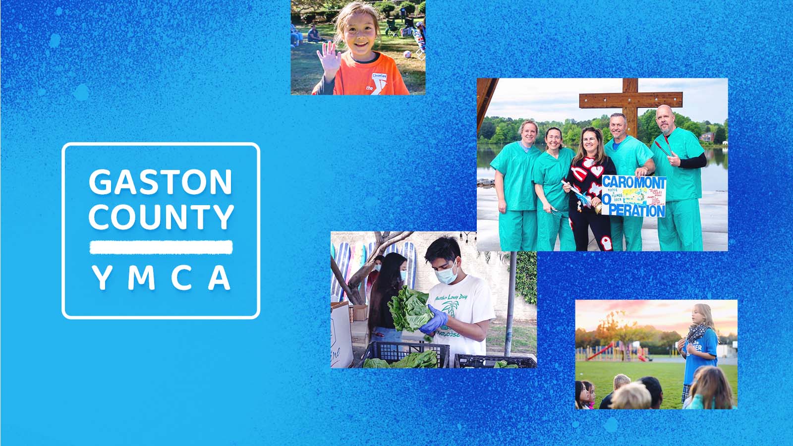 The Gaston County YMCA logo sits on a blue background with images of YMCA members having fun and fundraising on the right.