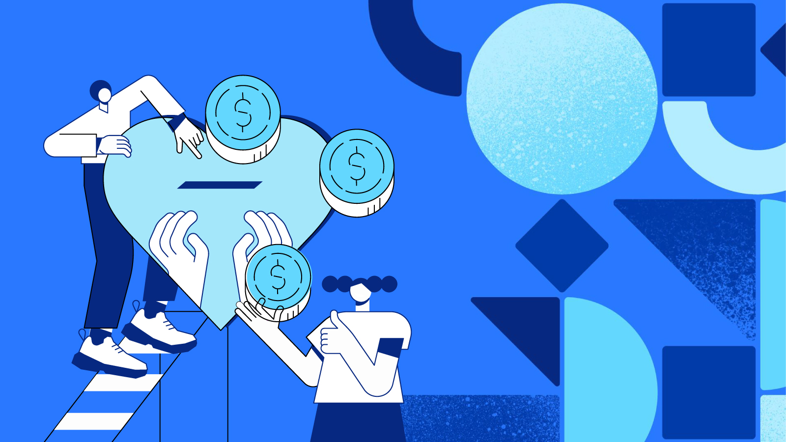 blue background with shapes on the right, two people on the left