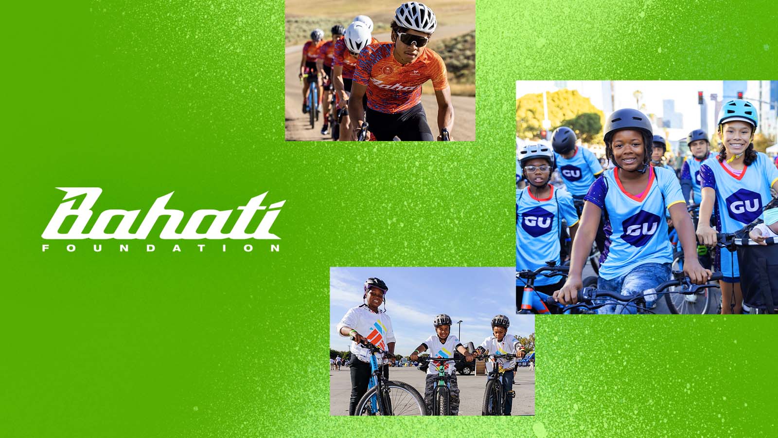 Green background, Bahati logo and pictures of kids on bikes