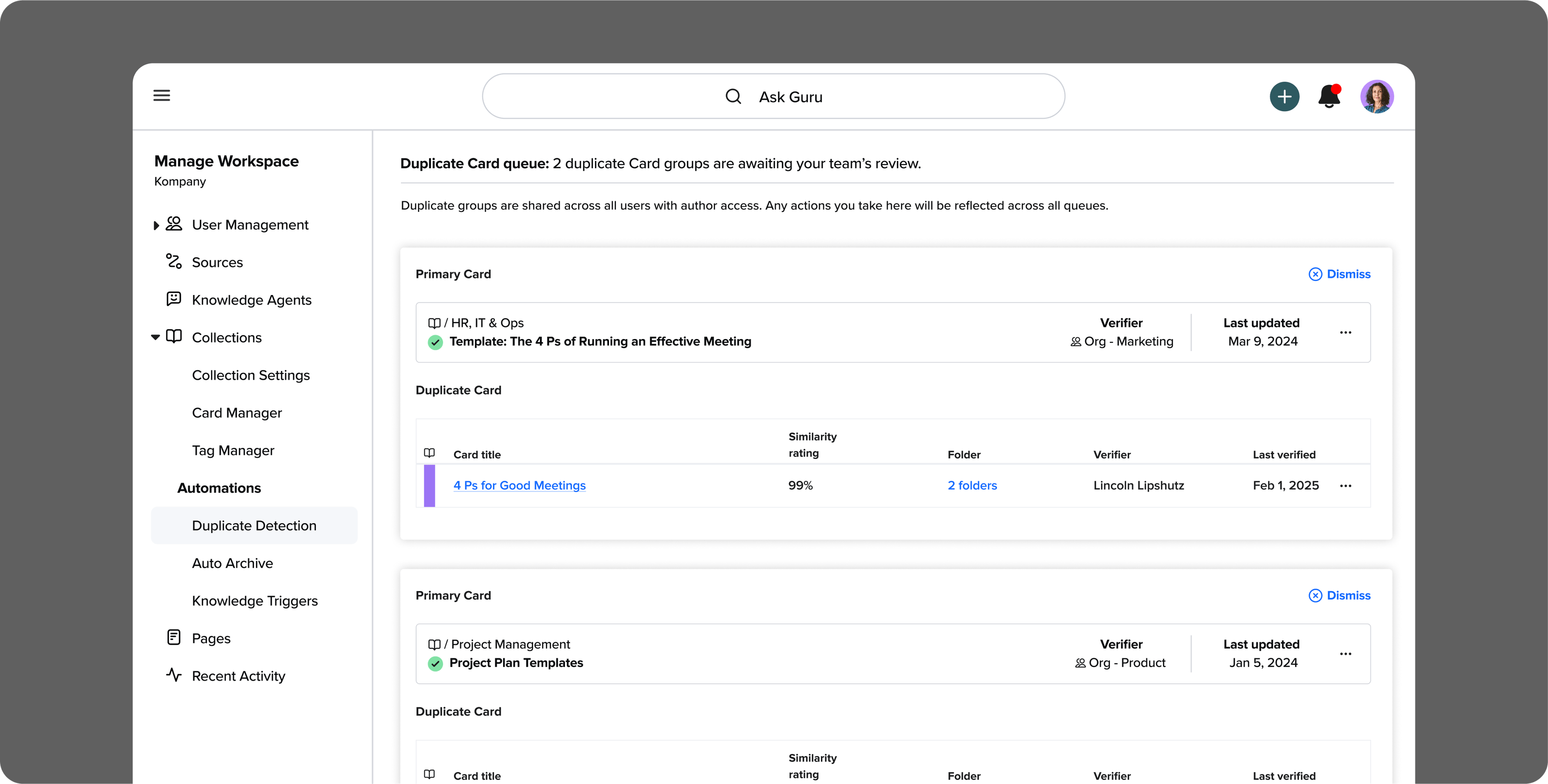 Duplicate detection for clean, tidy, and trusted company knowledge | Guru