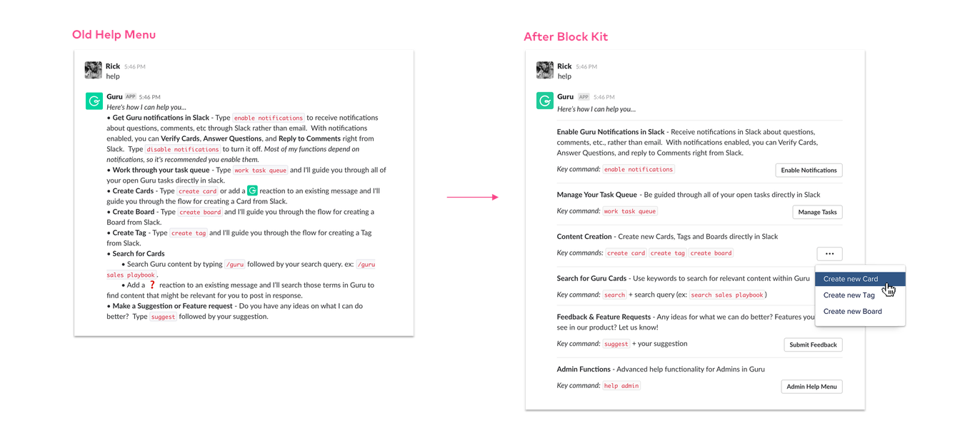 البوت Guru Slack قبل وبعد استخدام مجموعة Kotlin