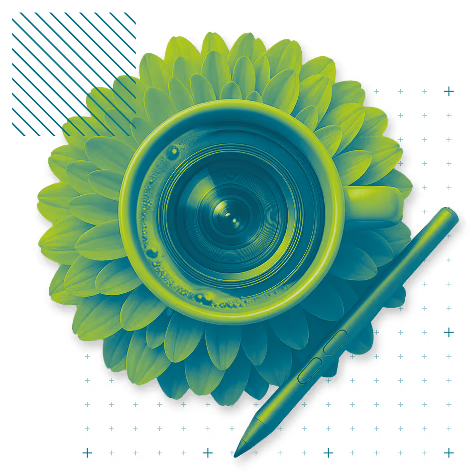 Bring creatives to your office - cup on a flower coaster with camera lens shown inside of the mug. A pen rests on the coaster. 