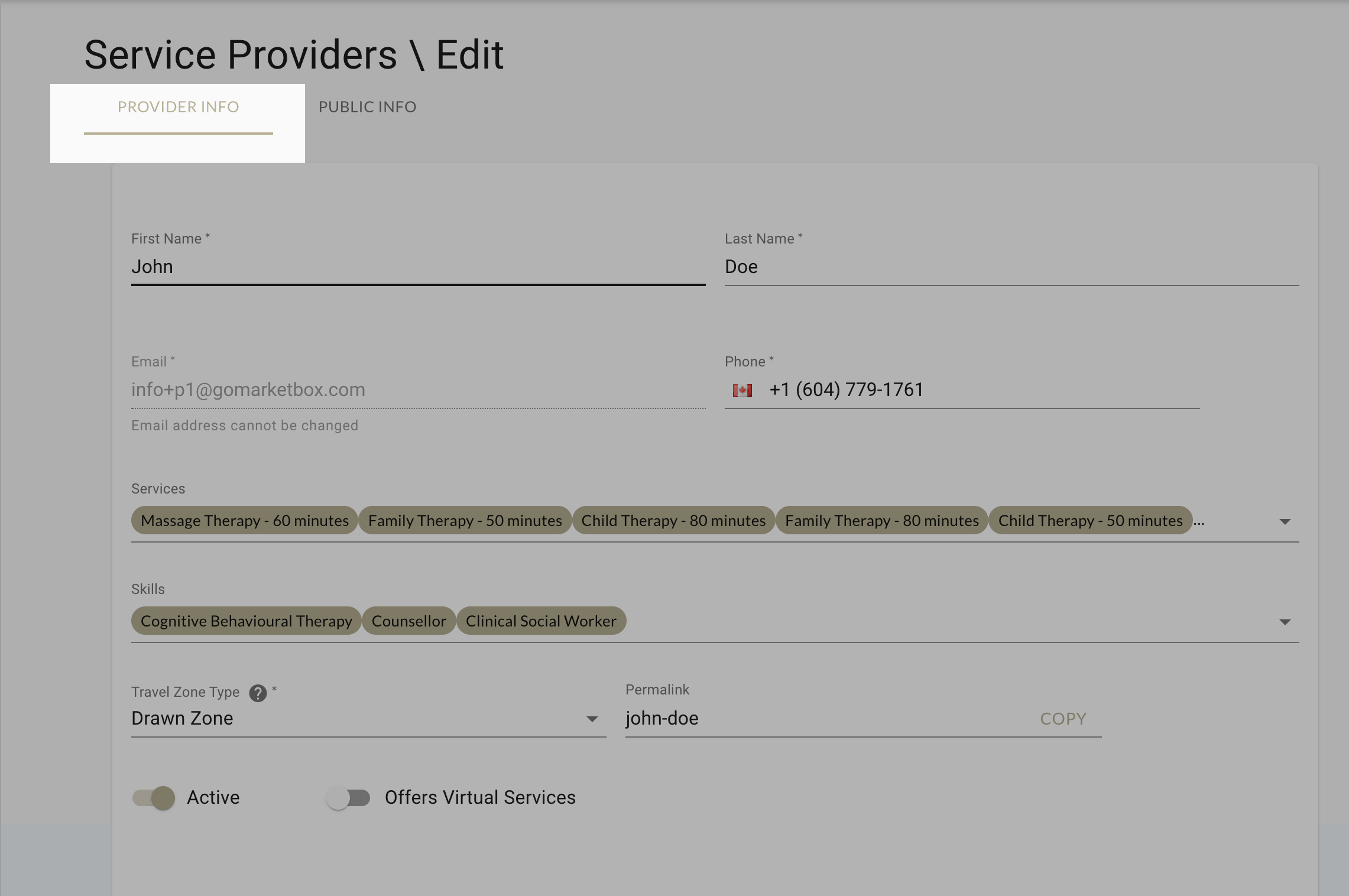 Configure and update your profile with the provider info tab