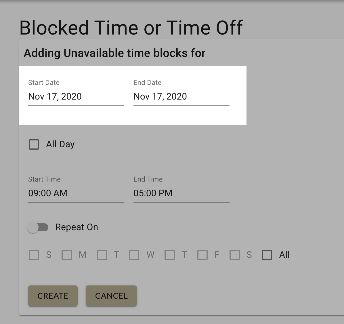 Select start and end dates for blocked time when adding blocked times to your provider schedule in MarketBox