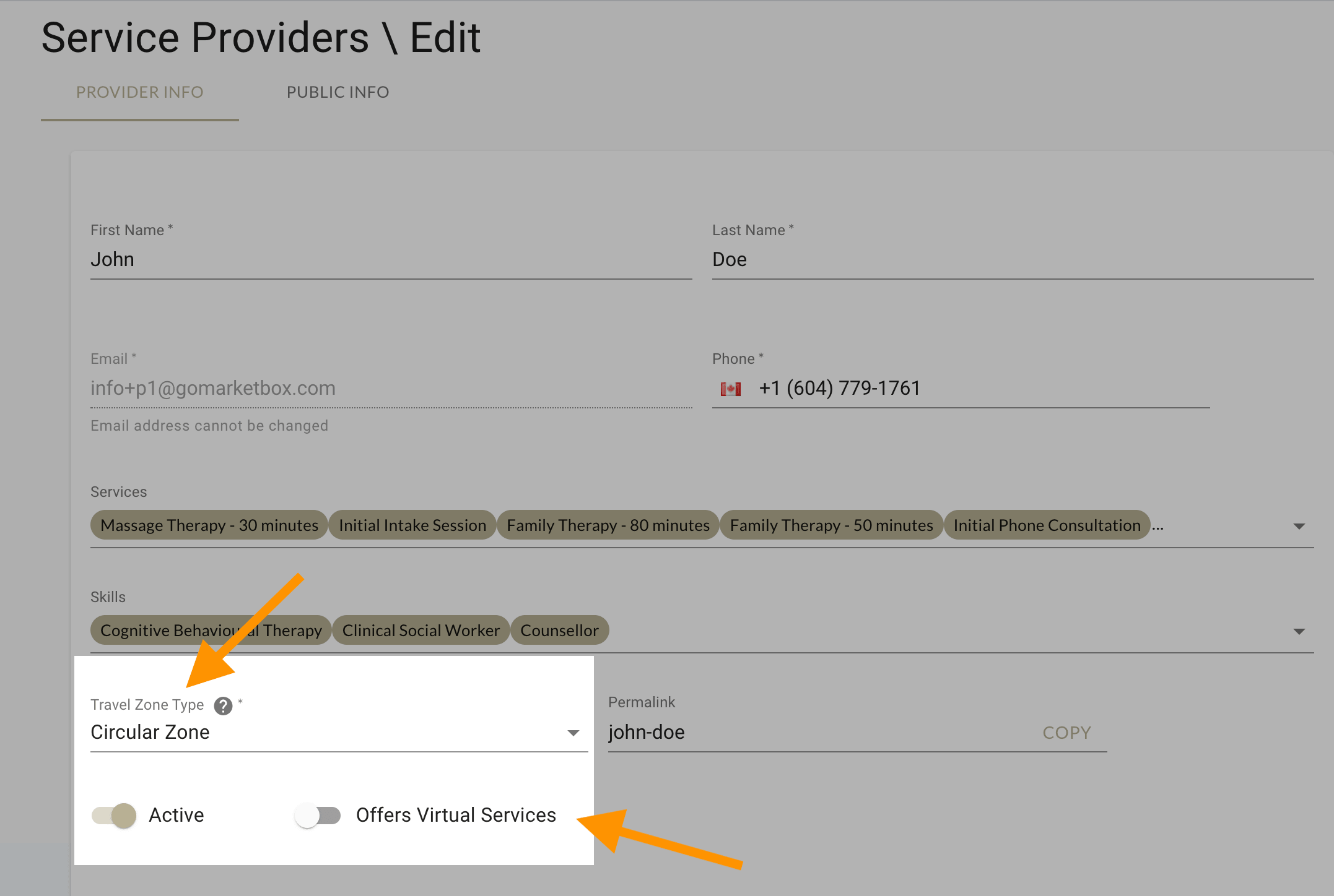 Indicate travel zone type and whether you offer virtual services when completing your provider profile in MarketBox