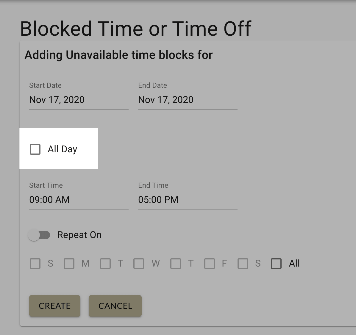 Indicate whether blocked time is all day When adding blocked times to your provider schedule in MarketBox