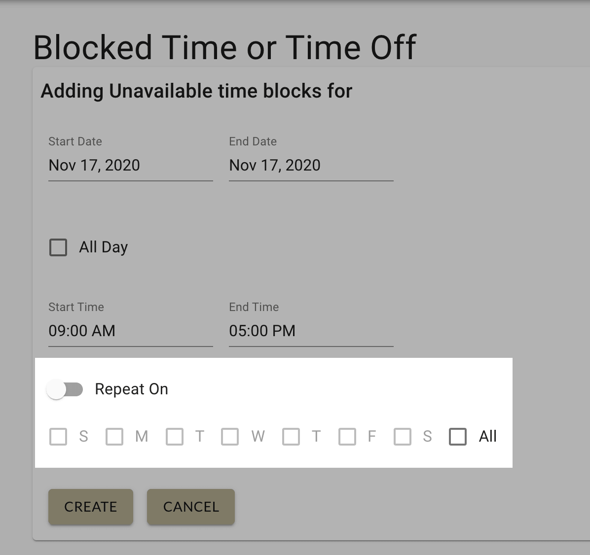 Indicate whether the time repeats When adding blocked times to your provider schedule in MarketBox