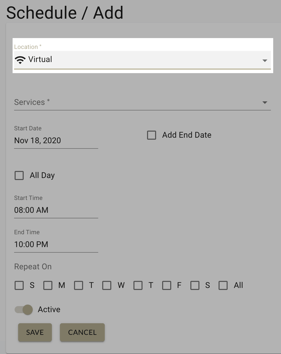 Select virtual under the location field when setting up your virtual provider schedule in MarketBox 