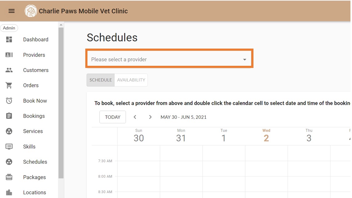 MarketBox provider schedule calendar showing how to select service provider