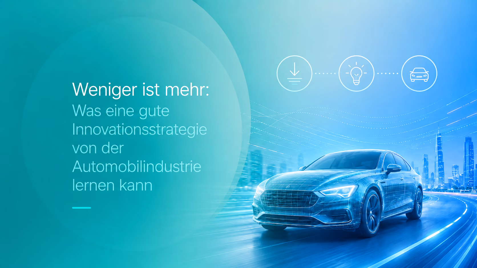 Digitales Fahrzeug auf einer Stadtautobahn symbolisiert Innovationstempo und Entwicklungseffizienz in der Automobilindustrie.