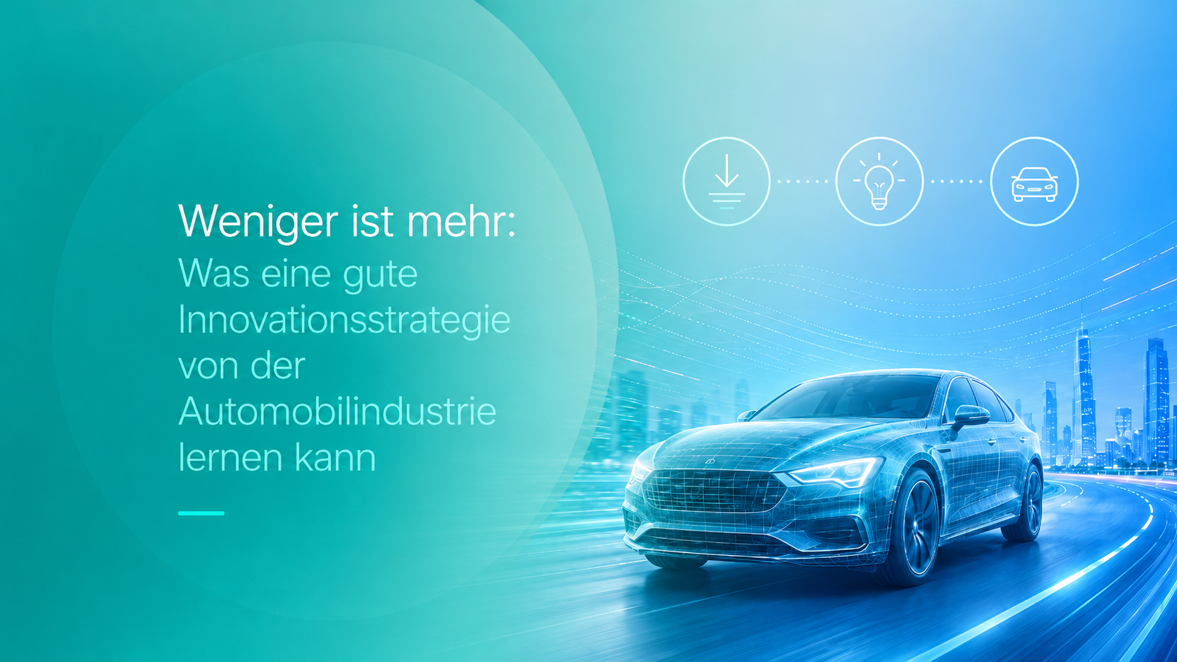 Digitales Fahrzeug auf einer Stadtautobahn symbolisiert Innovationstempo und Entwicklungseffizienz in der Automobilindustrie.