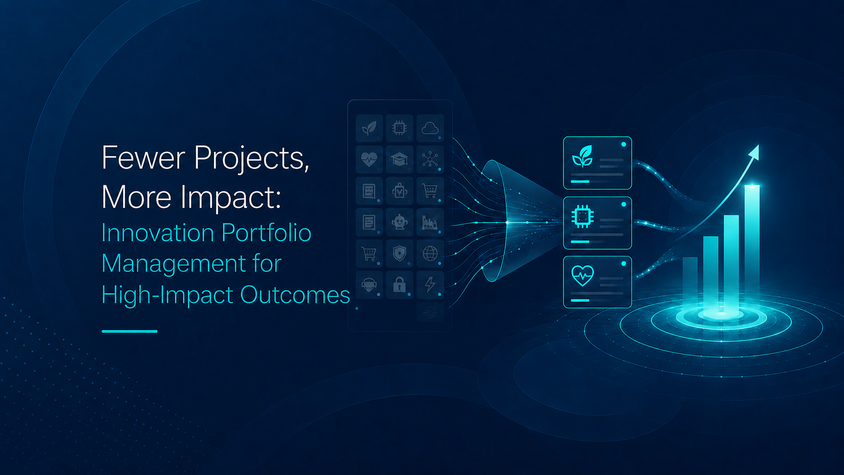 Illustration for the article on innovation portfolio management: multiple parallel projects are assessed by strategic priority and concentrated on the most impactful ones, resulting in measurable growth. (Image created with AI assistance)