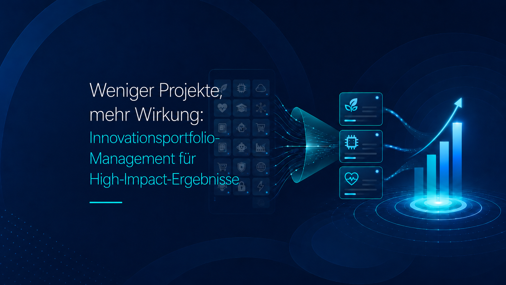 Grafik zum Artikel Innovationsportfolio-Management: Viele parallele Projekte werden durch einen Filterprozess auf die strategisch wichtigsten reduziert, was zu messbarem Wachstum führt. 