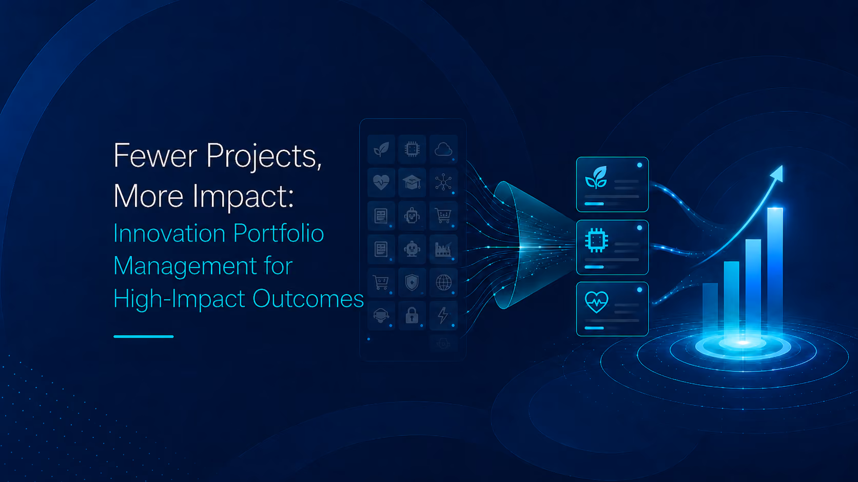 Illustration for the article on innovation portfolio management: multiple parallel projects are assessed by strategic priority and concentrated on the most impactful ones, resulting in measurable growth. (Image created with AI assistance