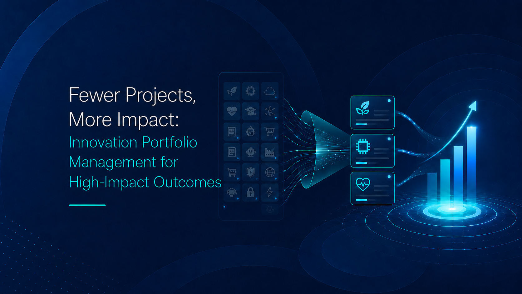 Illustration for the article on innovation portfolio management: multiple parallel projects are assessed by strategic priority and concentrated on the most impactful ones, resulting in measurable growth. (Image created with AI assistance