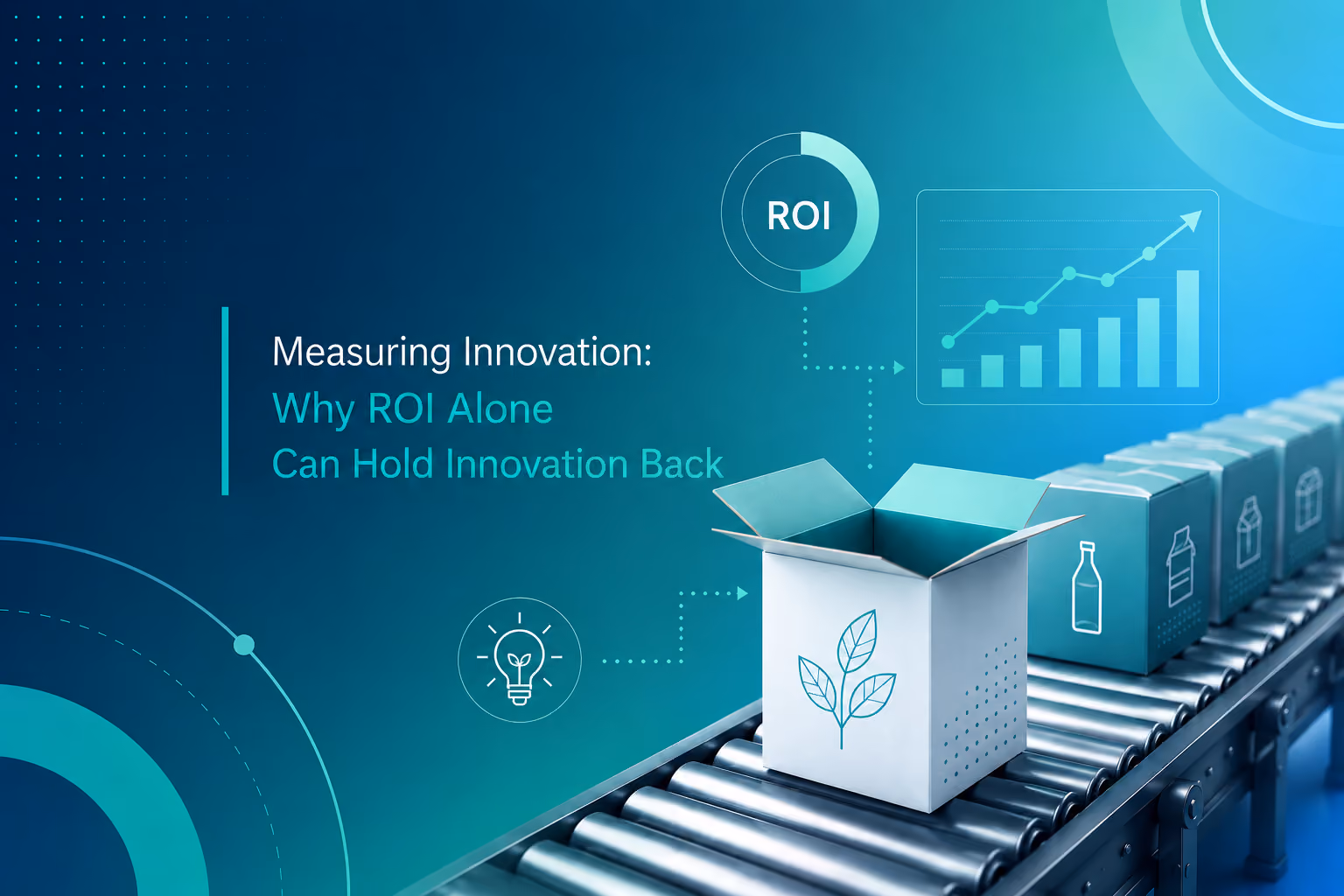 Illustration for the article "Measuring Innovation": a sustainable packaging box on a production line, connected to an ROI indicator and a growth chart, visualizing the relationship between the innovation process and financial evaluation.