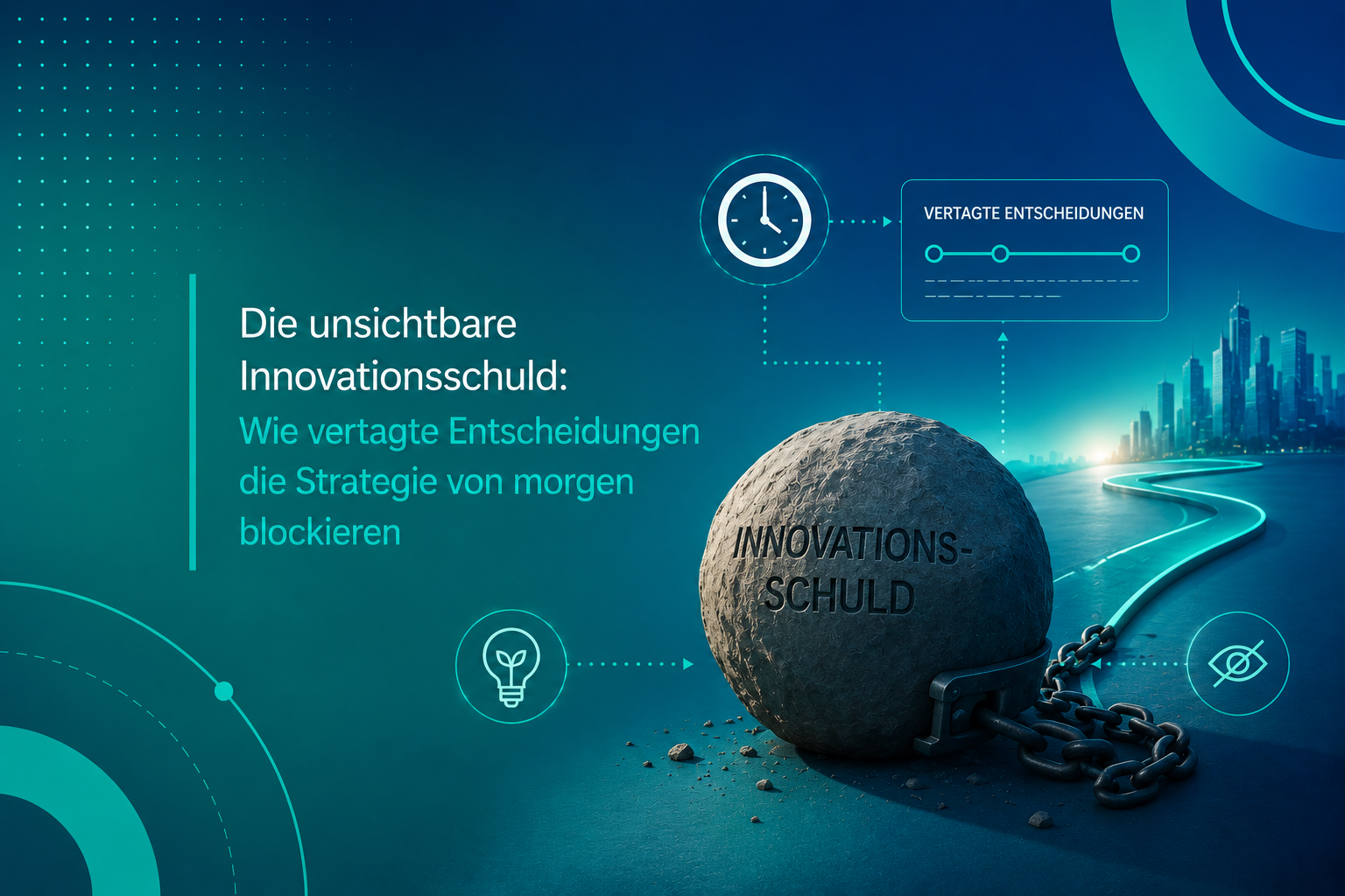 Grafik zum Artikel „Die unsichtbare Innovationsschuld": Eine schwere Steinkugel mit der Aufschrift „Innovationsschuld" liegt angekettet auf einer Straße in Richtung Zukunft und symbolisiert vertagte Entscheidungen, die strategischen Fortschritt blockieren.