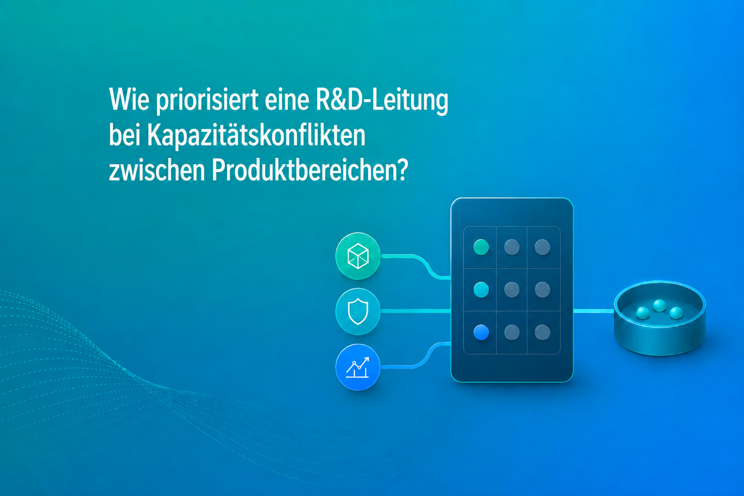 Grafik zum Artikel „Wie priorisiert eine R&D-Leitung bei Kapazitätskonflikten zwischen Produktbereichen?": Drei Eingaben aus unterschiedlichen Bereichen laufen in eine gemeinsame Bewertungsmatrix zusammen und münden in eine priorisierte Entscheidung. (Graf