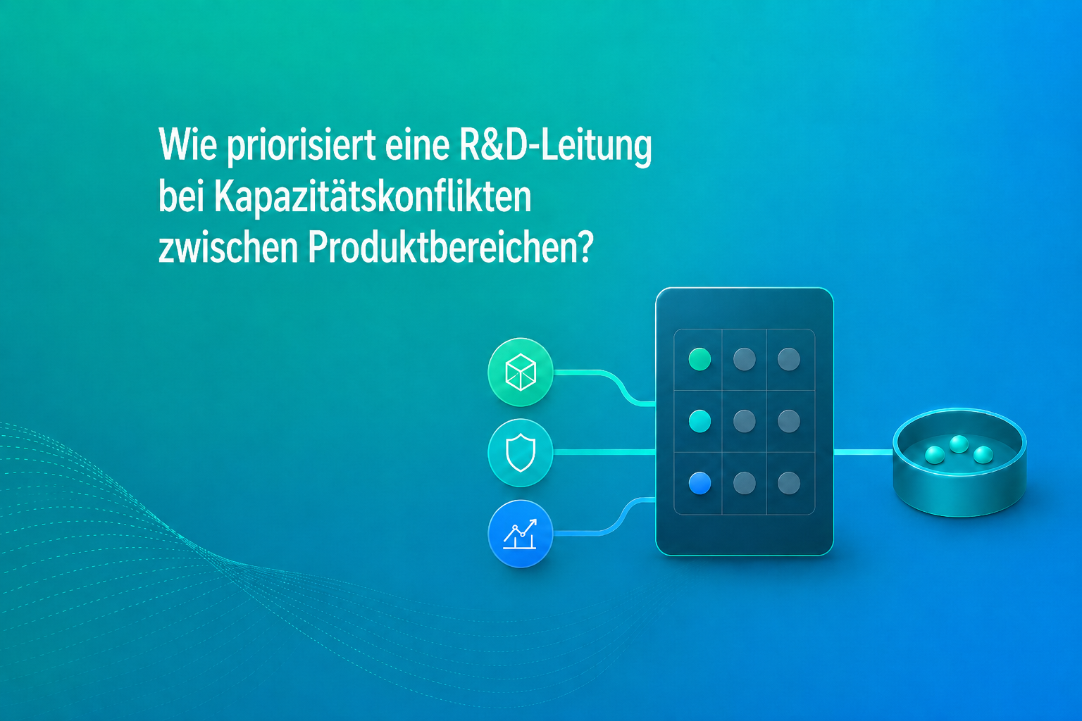 Grafik zum Artikel „Wie priorisiert eine R&D-Leitung bei Kapazitätskonflikten zwischen Produktbereichen?": Drei Eingaben aus unterschiedlichen Bereichen laufen in eine gemeinsame Bewertungsmatrix zusammen und münden in eine priorisierte Entscheidung. (Graf