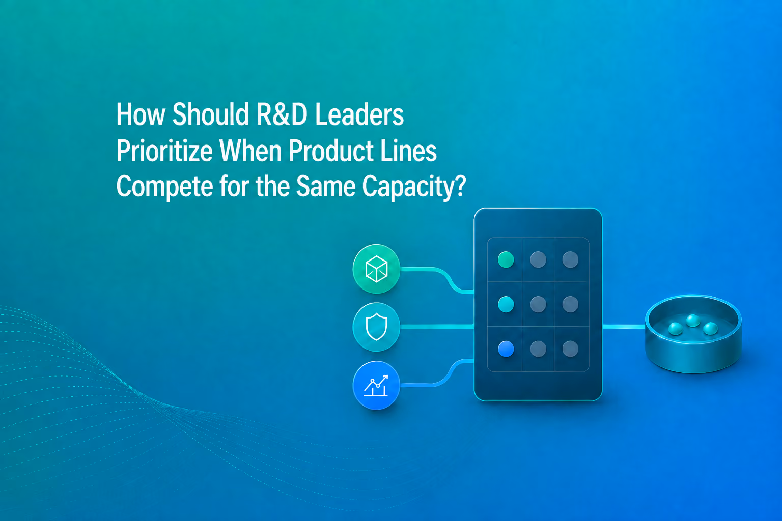 Illustration for the article "How Does R&D Leadership Prioritize When Product Divisions Compete for Capacity?": three inputs from different divisions feed into a shared scoring matrix, resulting in a prioritized decision. (Image created with AI assistance)