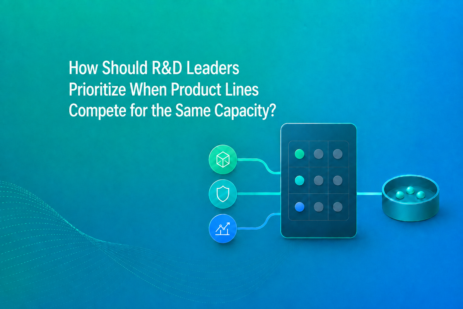 Illustration for the article "How Does R&D Leadership Prioritize When Product Divisions Compete for Capacity?": three inputs from different divisions feed into a shared scoring matrix, resulting in a prioritized decision. (Image created with AI assistance)
