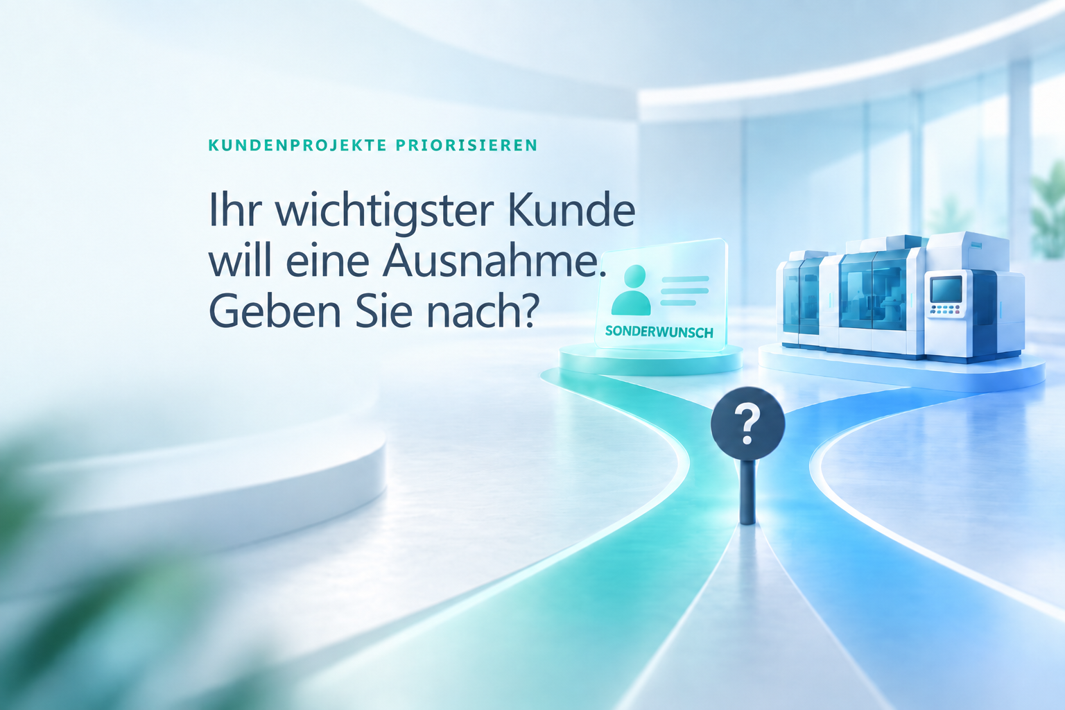 Alt Text (DE) Grafik zum Artikel „Ihr wichtigster Kunde will eine Ausnahme. Geben Sie nach?": Eine Wegkreuzung mit Fragezeichen symbolisiert die Entscheidung zwischen einem Sonderwunsch eines Kunden und dem strategischen Standardweg. Im Hintergrund stehen Industriemaschinen als Verweis auf den Maschinenbau-Kontext. (Grafik erstellt mit KI-Unterstützung)