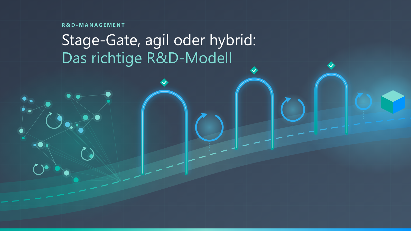 Grafik zum Artikel „Stage-Gate, agil oder hybrid: Das richtige R&D-Modell": Eine Entwicklungsstraße zeigt links ein agiles Netzwerk mit Iterationsschleifen und rechts einen strukturierten Stage-Gate-Prozess mit Entscheidungspunkten und Meilensteinen – als visuelles Bild für den hybriden Ansatz. (Grafik erstellt mit KI-Unterstützung)