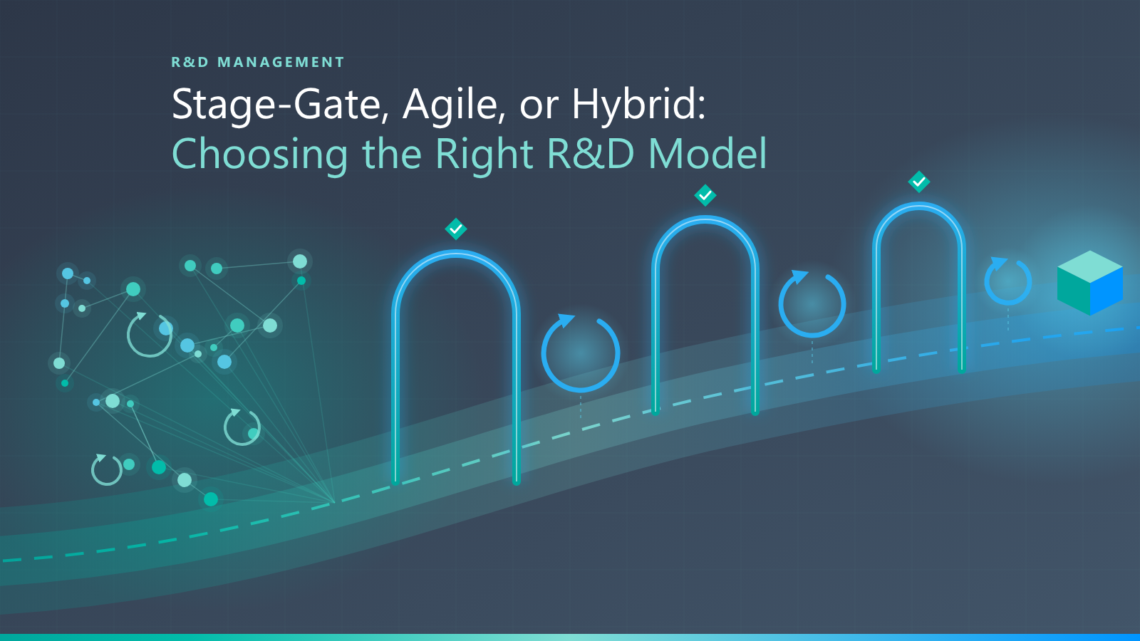 Illustration for the article "Stage-Gate, Agile, or Hybrid: Choosing the Right R&D Model": a development road shows an agile network with iterative loops on the left and a structured Stage-Gate process with decision points and milestones on the right – a visual metaphor for the hybrid approach. (Image created with AI assistance)